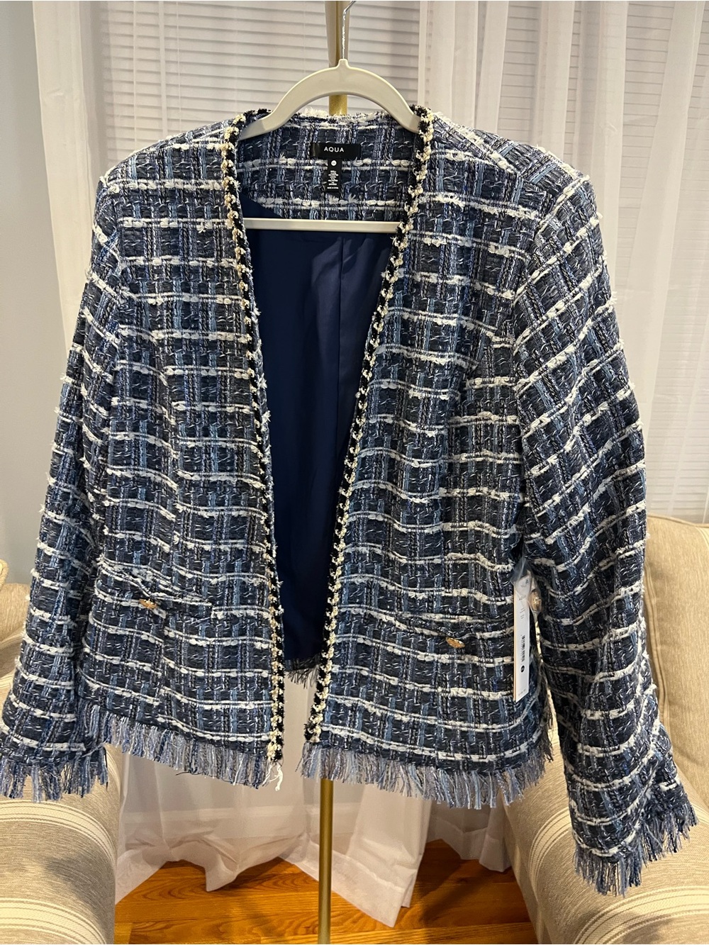 NWT AQUA Tweed Fringe Open-Front Blazer